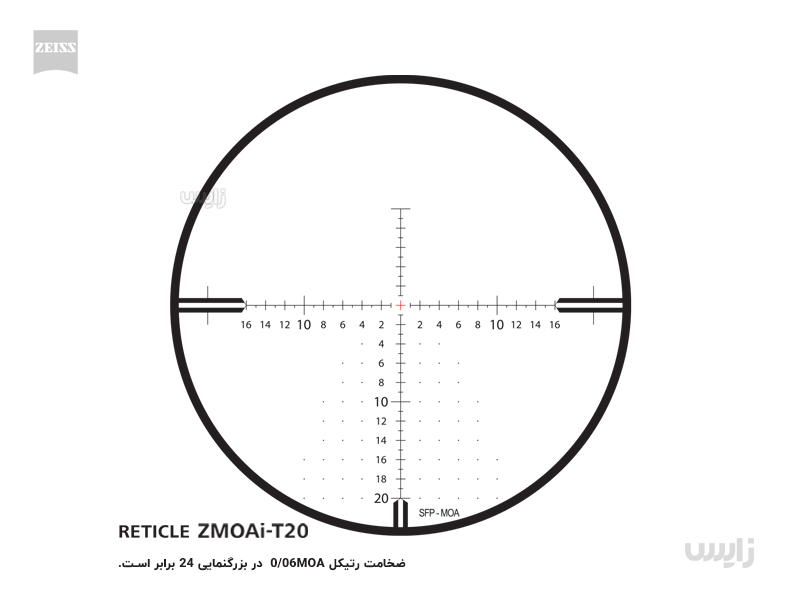 دوربین روی سلاح زایس کانکوئست 6 تا 24 در 50 V4 نسل دوم چراغدار با رتیکل بالستیکی ZMOAi-T20 با سیستم کلیک خور فوقانی و جانبی